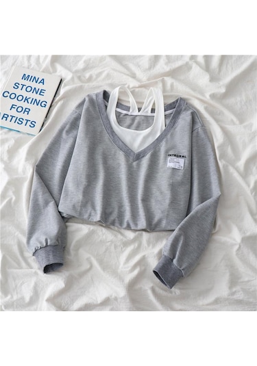 Bej Moda Kadın Sahte Iki Parçalı Straplez Açık Göbek Üst Hazırlık Tarzı Harajuku Swearmshirt Gevşek Rahat Kazak Bej