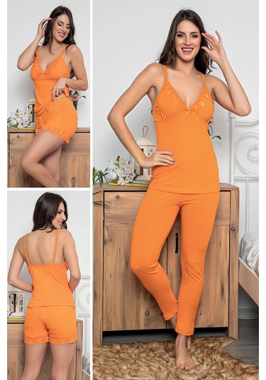 Kadın Turuncu Renkli Dantel Detaylı Şortlu Ve Taytlı Pijama Takımı 3'lü Set 75002 Turuncu
