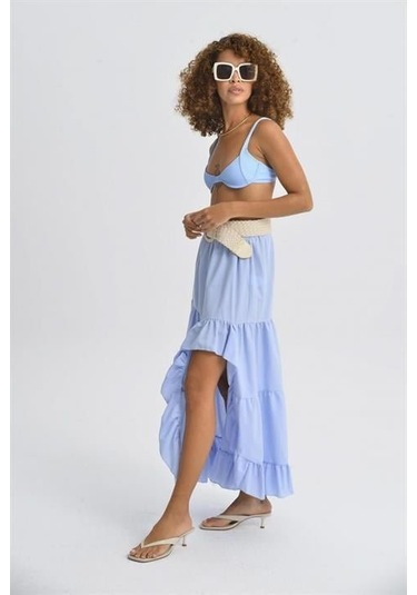 Audrey Fıfrlı Yırtmaç Detay Etek 4037 Mavi