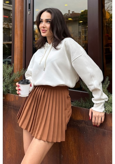 Tommy Life Ekru Reglan Kol Basic Kapüşonlu Oversize Sweatshirt Tunik - 97242 Ekru