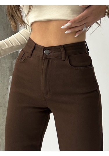 Kadın Yüksek Bel Keten Boyfriend Bol Paça Kahverengi