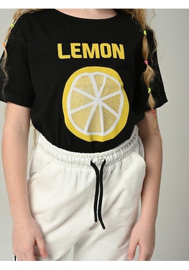 Kız Çocuk Lemon Tshirt Baskılı Paçası Lastikli Eşofman Takım-11632 Siyahbeyaz