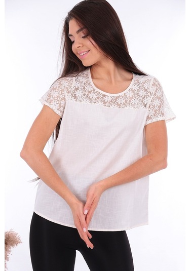 Bluz Yakası Dantel Detaylı Pamuklu Keten
