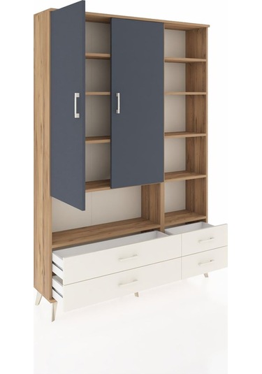 Arges Dolap 10 Raflı 4 Çekmeceli 2 Kapaklı 132x30x195 Çam-ant... Çam