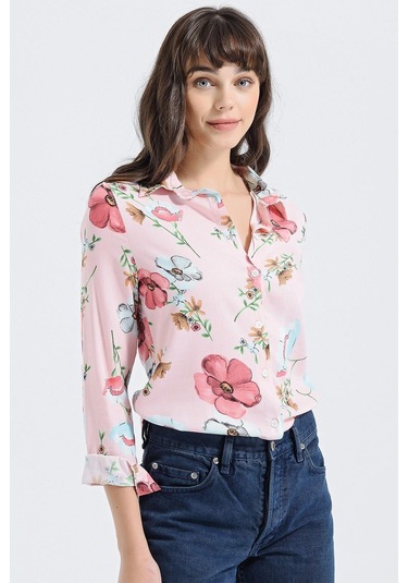 Kadın Pembe Modern Tarz Çiçek Desenli Uzun Kollu Gömlek Pembe