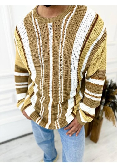 Kazak Oversize Renkli Örgü Desenli Naturel Pamuk Bol Kesim Salaş Triko Kazak Hardal