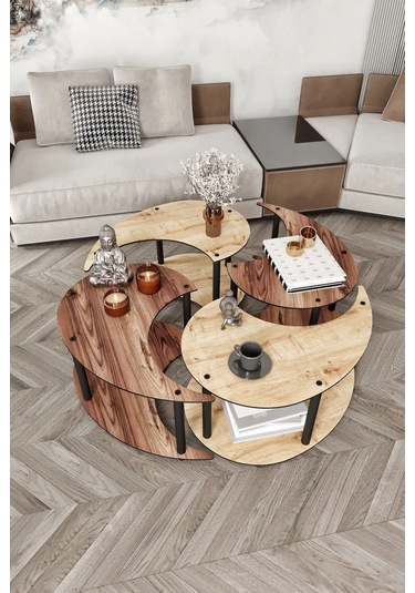 Ravilo Yin Yang 4'lü Orta Sehpa Meşe Ceviz 90 Cm Meşe Ceviz