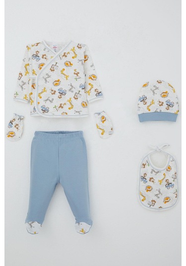 Breeze Erkek Bebek Hastane Çıkışı 5 Li Safari Macerası Sevimli Hayvancıklar Desenli 0-3 Ay, Beyaz Beyaz