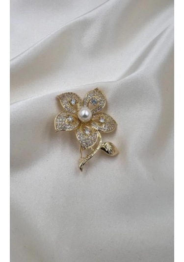 Bb Altın Kaplama İncili Çiçek Broş Altın - Beyaz