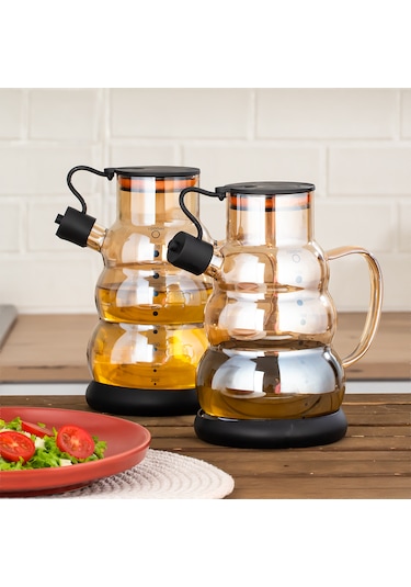 Porsima 3617- 1 Kapaklı Borosilikat Cam 2li Yağlık Sirkelik Seti Yağdanlık Takımı 1000ml Siyah Siyah