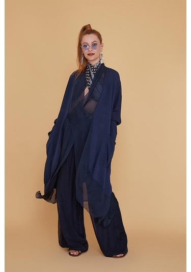 Italyan Ipek Detaylı Oversize Kaftan & Bluz-8711 Lacivert