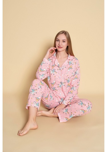 Kadın Desenli Düğmeli Uzun Kol Pijama Takımı Pembe