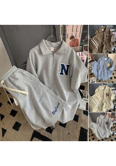 2 Adet/takım Moda Fermuar Yaka Nem Emici Diz Boyu Kadın Düz Renkli Tişört Geniş Bacak Şort Takımı Streetwear Rahat Kıyafet Mavi