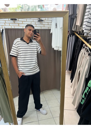 Tuba Toptaş Çizgili Yakalı Triko Tshirt Beyaz