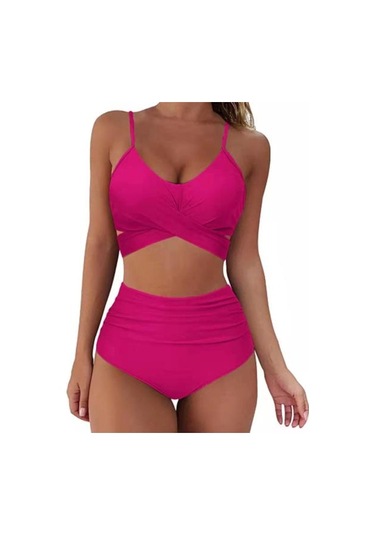 2 Adet/takım Kaliteli Mayo Tel Ücretsiz Backless Leopar Ön Çapraz Bikini Plaj İçin Set Gül Kırmızısı Fuşya