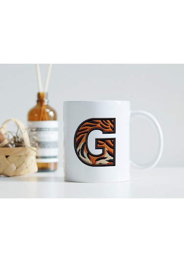 G Harfi Kaplan Figürlü Nakış Desenli Kupa Bardak - Kişiye Özel Vahşi Hayvan Desenli Kupa - Hediye Beyaz