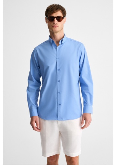 RISTO Erkek Düğmeli Yıkama Sonrası Ütü İhtiyacını En Aza İndiren Kumaş Gömlek Yaka Manşetli Koyu Mav