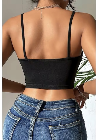 Merry See Aksesuarlı Şık Crop Büstiyer T-shirt Siyah