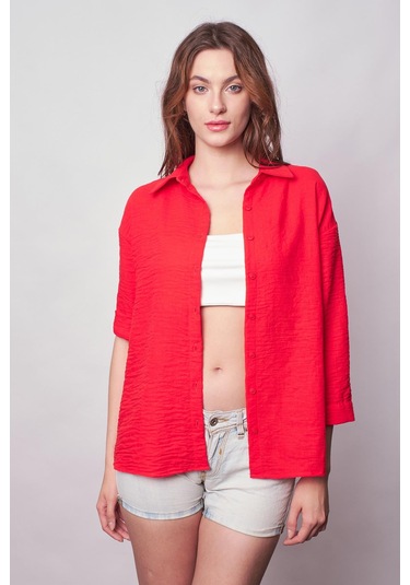 Kadın Keten Düşük Omuzlu Yakalı Kapri Kol Apoletli Gömlek -Koyu Mercan K.Mercan