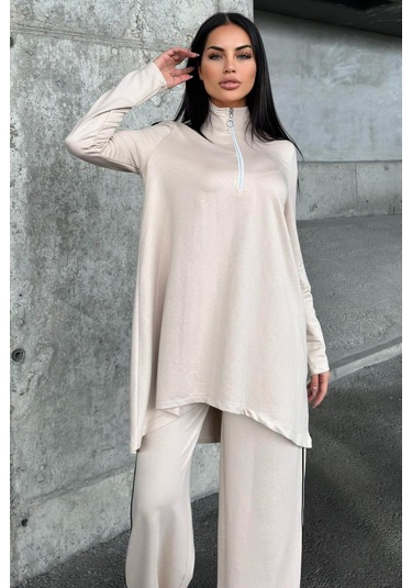 Taş Asimetrik Kesim, Fermuarlı Bluz & Bol Paça Pantolon - Viskon İki İplik Kumaş Alt & Üst Takım Taş
