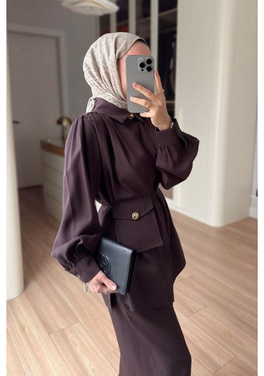 Ka Hijab Balon Kol Mini Çantalı Takım - Kahverengi