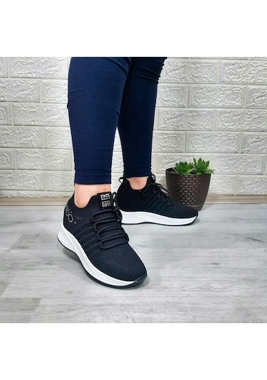 M.p 1669 Siyah İçten Gizli Topuk 7cm Taşlı Kadın Spor Ayakkabı 001