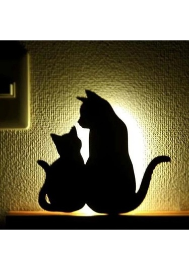 Tongxida Kedi Silüetli Duvar Lambası - Sesli Aydınlatma, Kullanışlı Pilli Projeksiyon Siyah