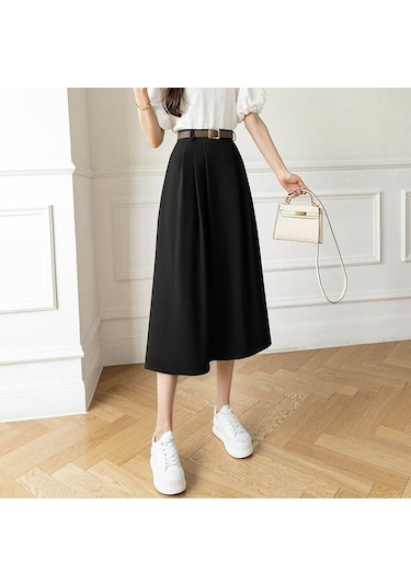 Qooth Bahar Kadın Yüksek Bel A-line Sashes Etek 2022 Yeni Stil Zarif Orta Uzunlukta Uzun Ofis Bayan Düz Etek Siyah