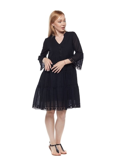 Kısa Kollu Siyah Düğmeli Vual Yazlık Elbise