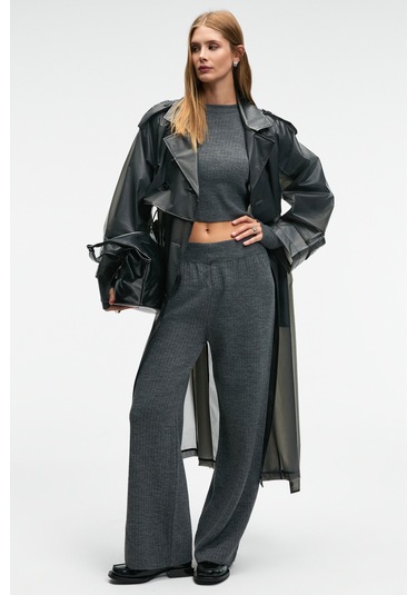 Grımelange Marıposa Kadın Yuvarlak Yaka Çizgi Desenli Crop Geniş Paça Triko Antrasit Alt-üst Takım Antrasit