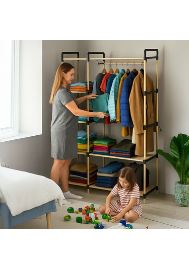 Ne-03 Modüler Raflı %100 Masif Ahşap Elbise Askısı Açık Gardırop Ahşap