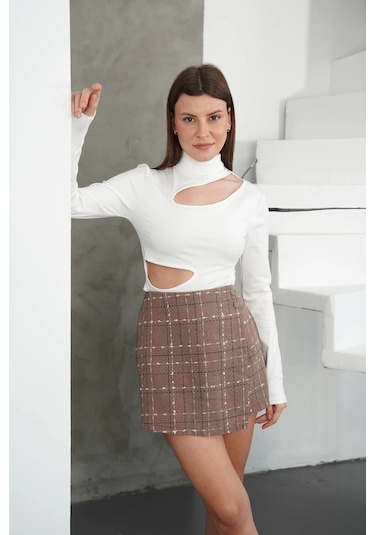 Defymoda İki Düğmeli Şort Etek Vizon H26414 Vizon