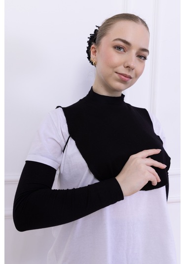 Boyunluk Ve Kolluk Seti Siyah - Balıkçı Yakalı Kadın Tesettür Penye Yarım Body Namaz Kolluğu Hijab Siyah