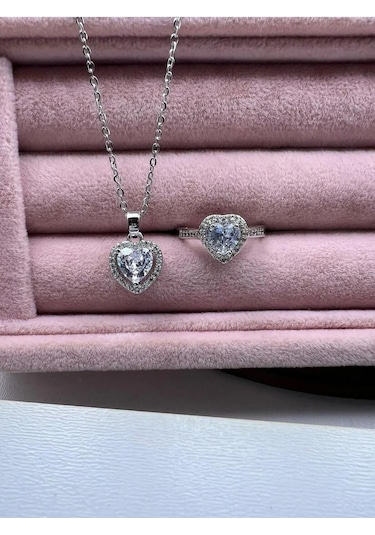 Byantep Beyaz Kalpli Kolye + Yüzük Set Gri