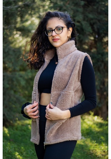 Kadın Vizon Sütlü Kahve Dik Yaka Kalın Peluş Fermuarlı Yelek 24kylkk215 001