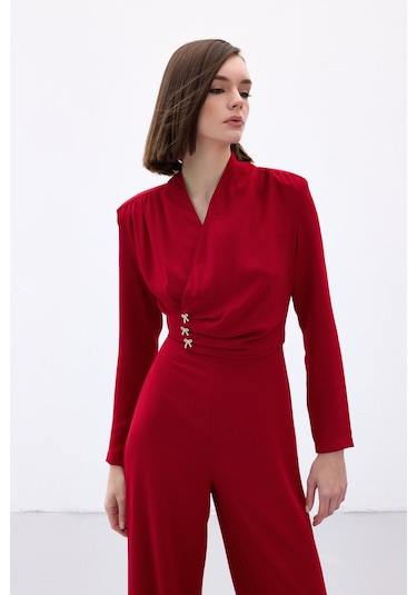 Sateen Fiyonk Aksesuarlı Krep Tulum - Kırmızı-136702 Kırmızı