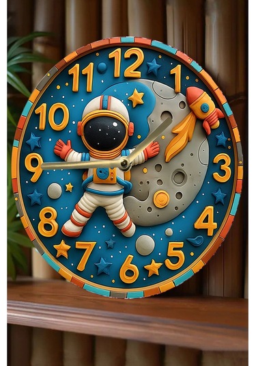 Astronot Ve Ay Temalı Mdf Çocuk Duvar Saati 3d Görünümlü, 2d Hd Baskı, Sessiz Mekanizma Sdw239 Renkli