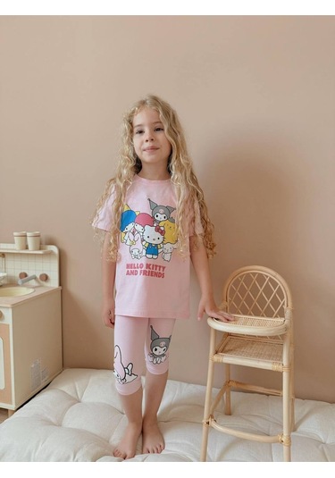 Kız Çocuk Kısa Taytlı Hello Kitty Kuromi Basklı Pamuk Takım Pembe