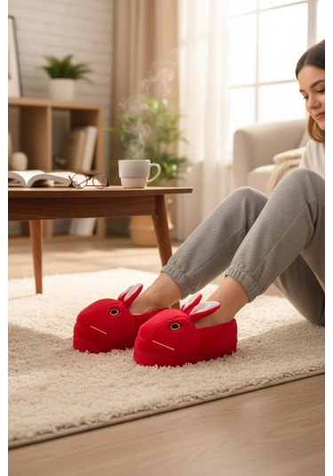Tavşan Figürlü Kadın Panduf Pandufu Kırmızı
