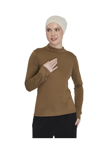 Kadın Organik Uzun Kollu Balıkçı Yakalı Body Açık Çikolata