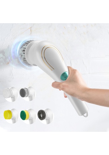 Sones Çok İşlevli Elektrikli Temizleme Fırçası El Tipi Mutfak Bulaşık Fırçası 5 Yedek Başlıklı Beyaz