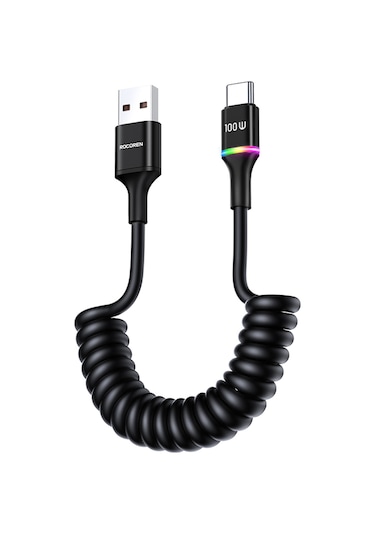 Rocoren 100w 7a Spiral Rgb Led Işıklı Spiral Type-c Hızlı Şarj Ve Data Kablosu 1.6 Metre