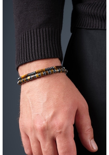 Ssilhoutte Doğaltaş Sertifikalı Kaplangözü Ve Hematit Kombin Doğal Taş Hediye Erkek Bileklik Kahverengi