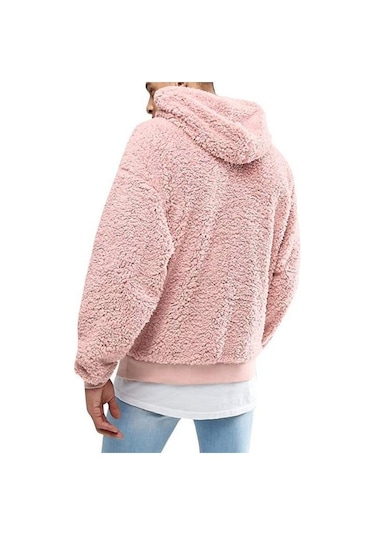 Erkekler Kalın Polar Peluş Sıcak Hoodie Kazak Kış Peluş Kürk Kapşonlu Tişörtü Siyah