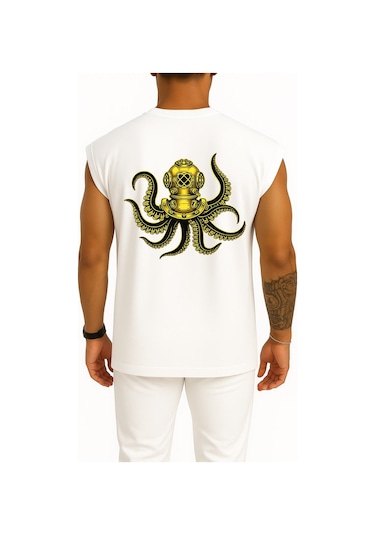 Bahriyeli Collection Oversize Steampunk Octopus Dalgıç Başlığı Göğüs Ve Sırt Baskılı Atlet Beyaz