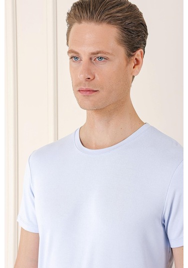 Slim Fit Bisiklet Yaka Düz Pamuklu Buz Mavi Tişört Ts 823 Buz Mavi
