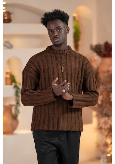 Oversize Kendinden Çizgili Pamuklu Kalın Triko Spor Kazak Kahverengi