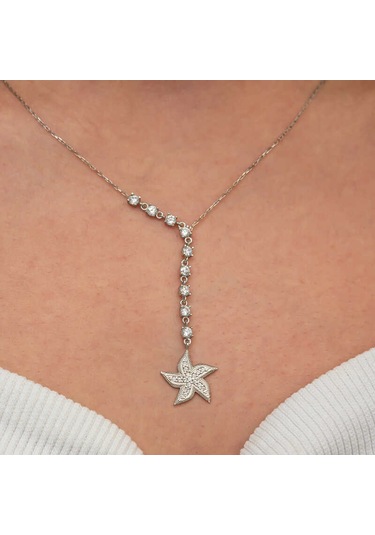 Kenpazar Gümüş Sıralı Zirkon Taşlı Deniz Yıldızı Kadın Kolye Çok Renkli