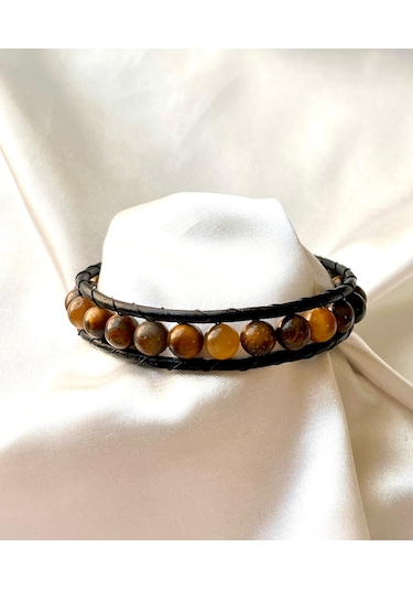 Kaplan Gözü Doğal Taş Çelik Hakiki Deri Erkek Bileklik 21 Cm Kahverengi - Siyah