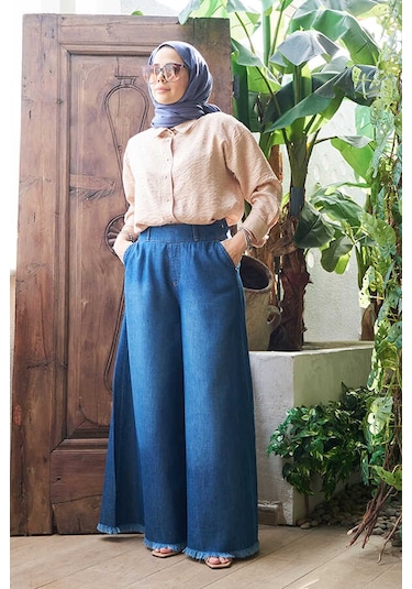 1153-denim Püsküllü Pantolon Etek Koyu Mavi Koyu Mavi
